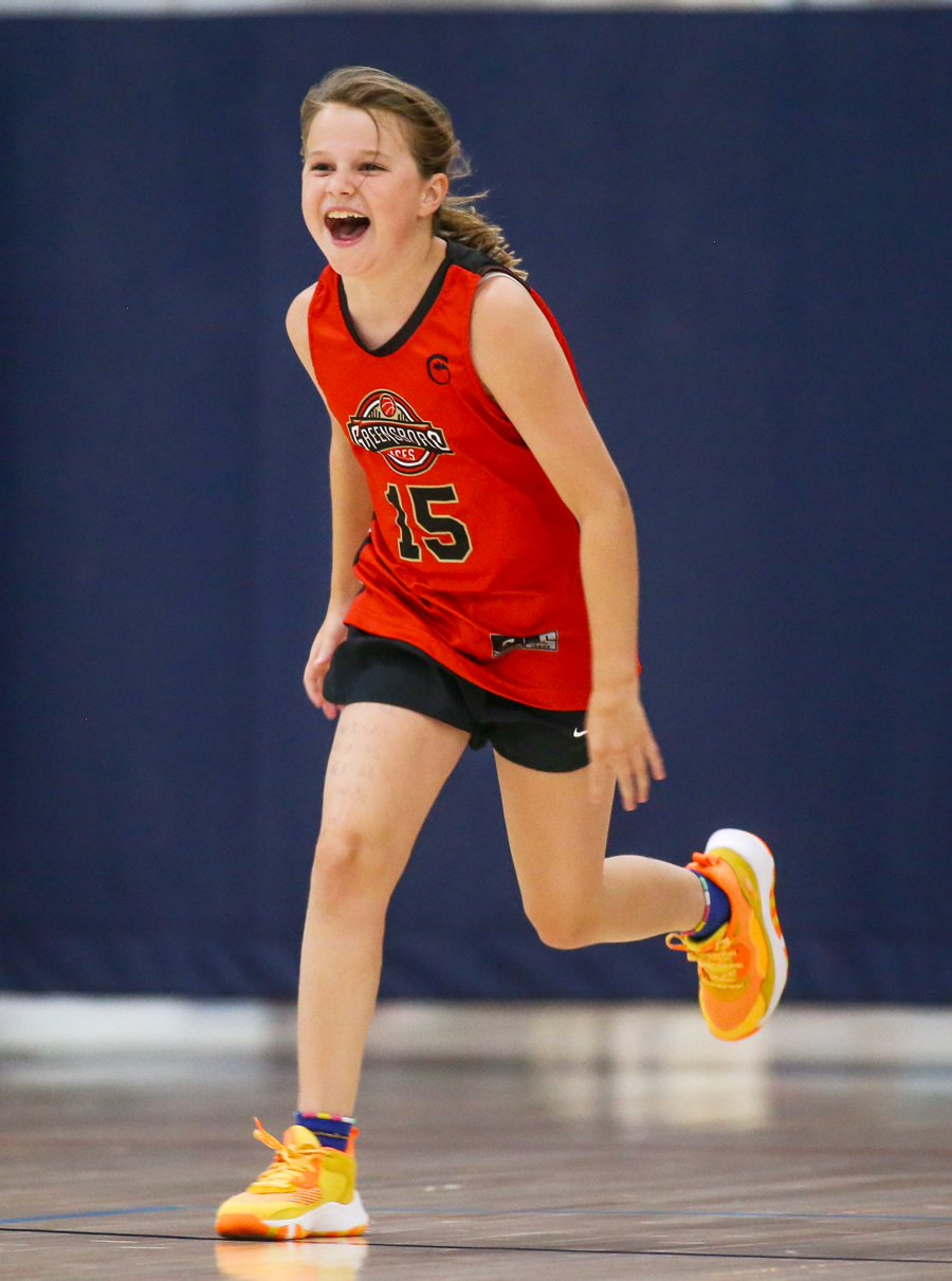 Excited young girl in a basketball uniform